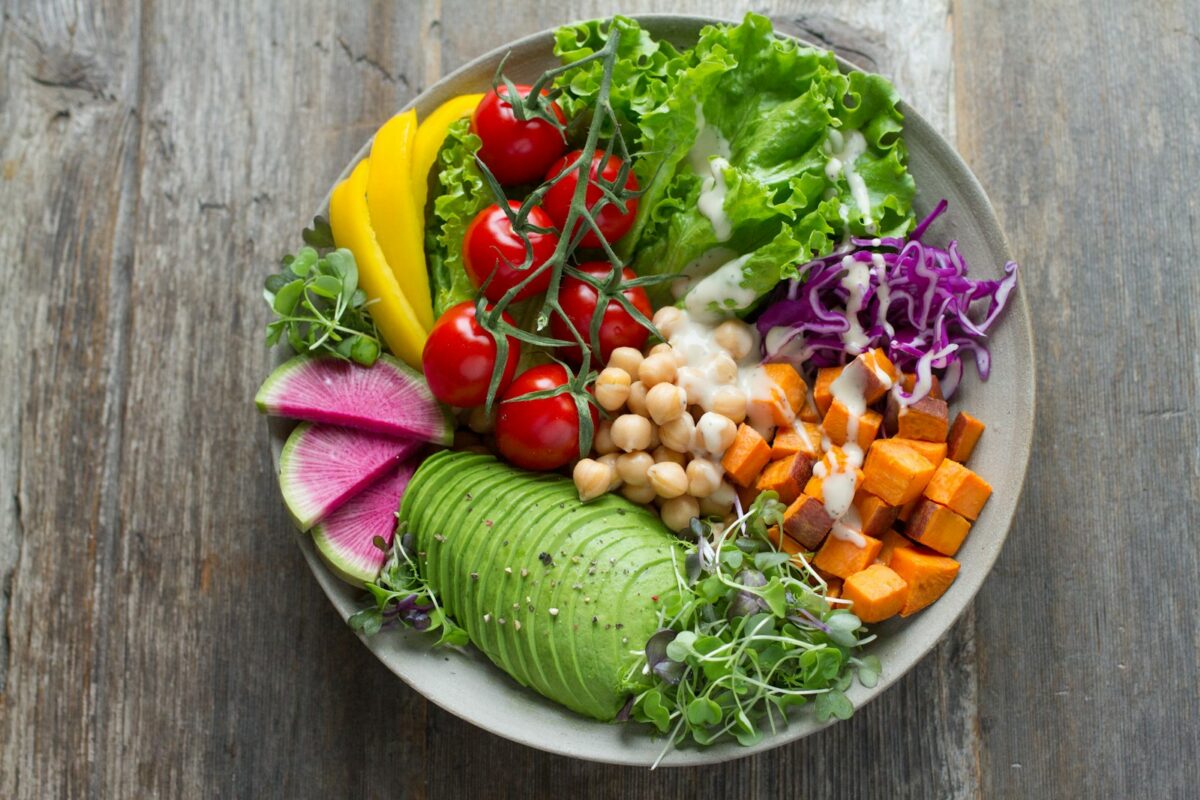 Salad bowl with avocado, chickpeas, and vegetables
